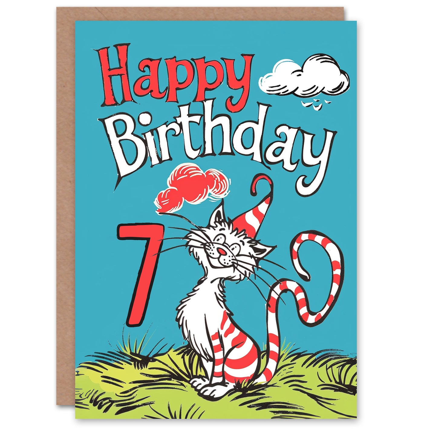 Cat Red Striped Hat Kitty Strange Fun Kids Birthday Card