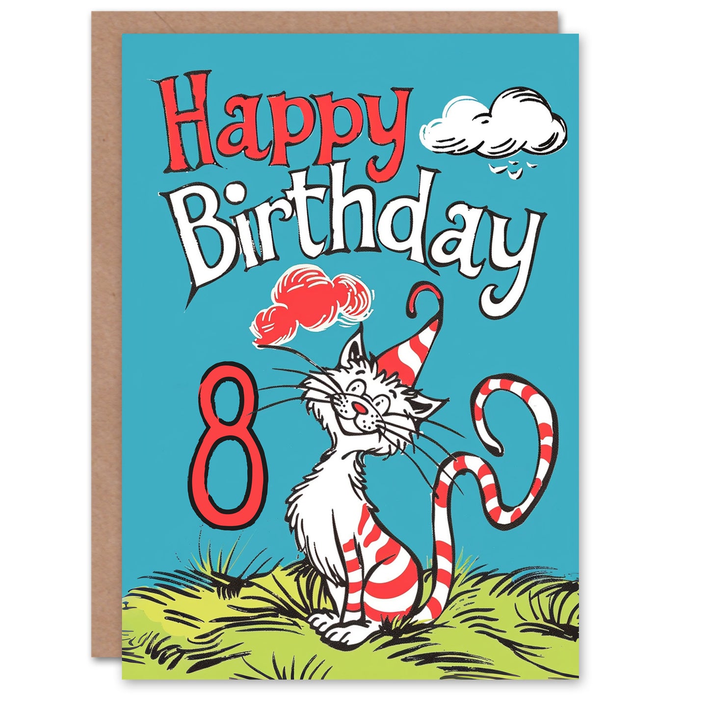 Cat Red Striped Hat Kitty Strange Fun Kids Birthday Card