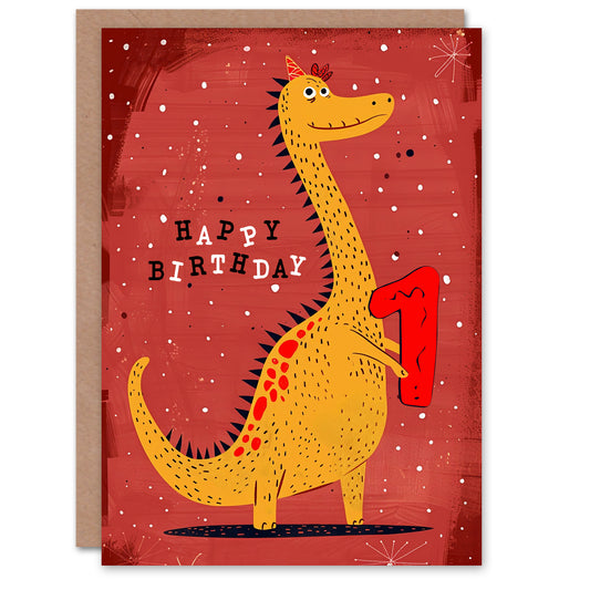 Spiky Yellow Red Dinosaur Cartoon Cute Kids Birthday Card