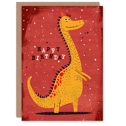 Spiky Yellow Dinosaur Cartoon Kids Birthday Card