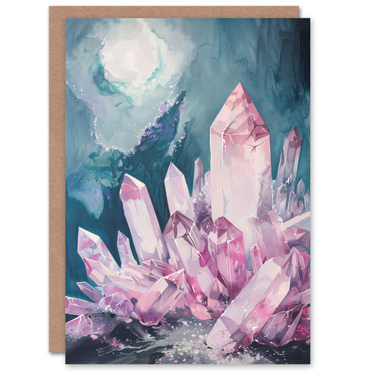 Rose Quartz Crystal Pink Mystical Landscape Greeting Card