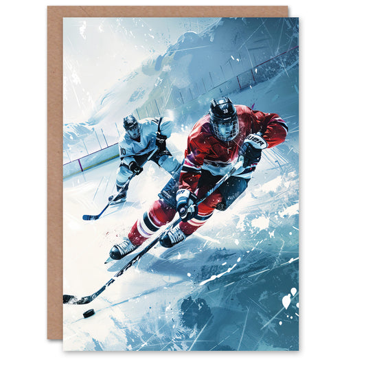 Ice Hockey Players In Game Sport Painting Winter Greeting Card