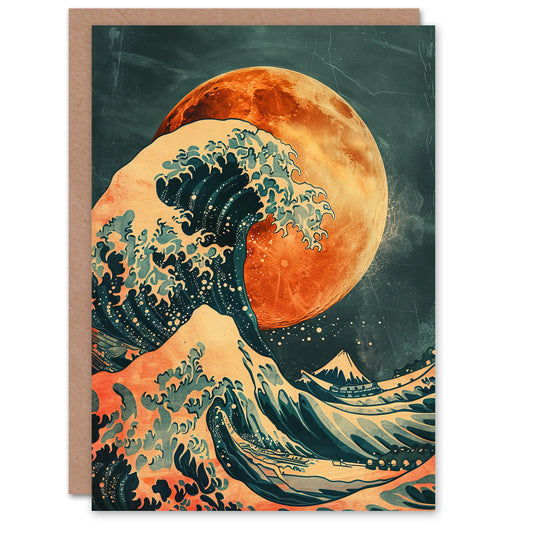 Orange Moon Traditional Japanese Waves Artwork Greeting Card