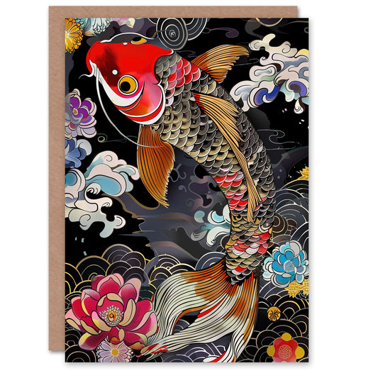 Colourful Koi Carp Tattoo Artwork Lotus Flowers Greeting Card