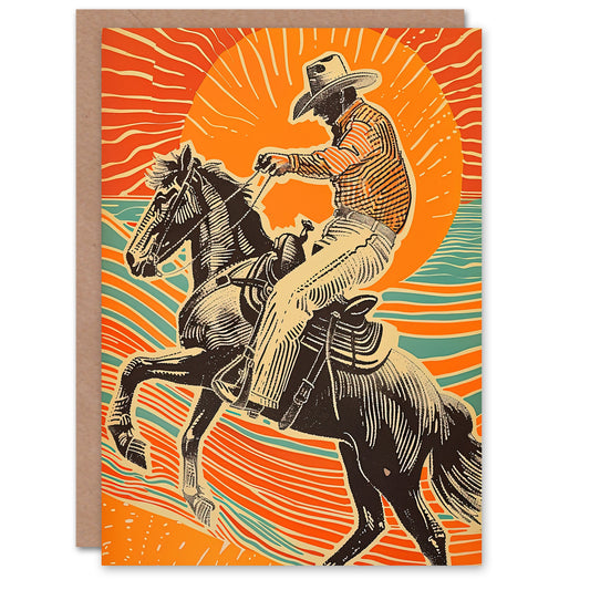 Abstract Cowboy On Horse Sunset Western America Greeting Card