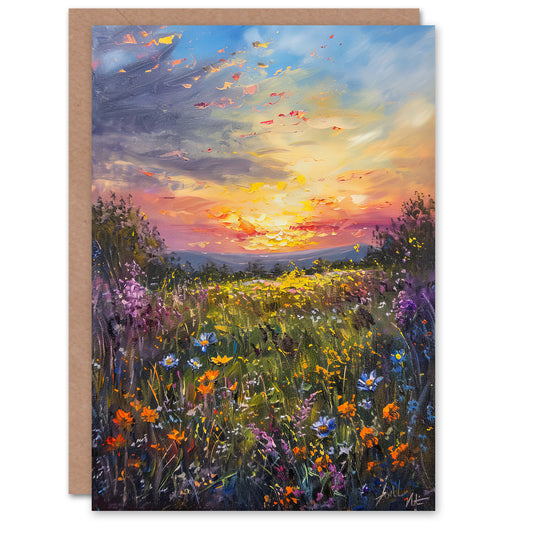 Wildflower Meadow At Sunset Oil Painting Summer Greeting Card