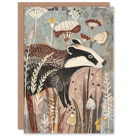Rustic Woodland Badger Artwork Forest Wildflowers Art Greeting Card