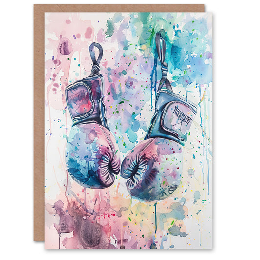 Boxing Gloves Pastel Watercolour Splash Painting Art Greeting Card