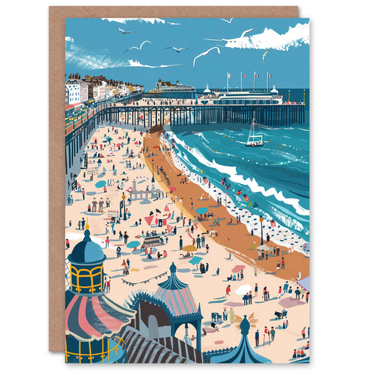 Brighton Pier Beach Holiday Colourful Painting Art Greeting Card
