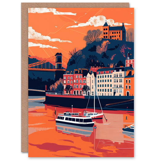 Bristol Harbour Canal Boats Sunset Artwork Castle Art Greeting Card