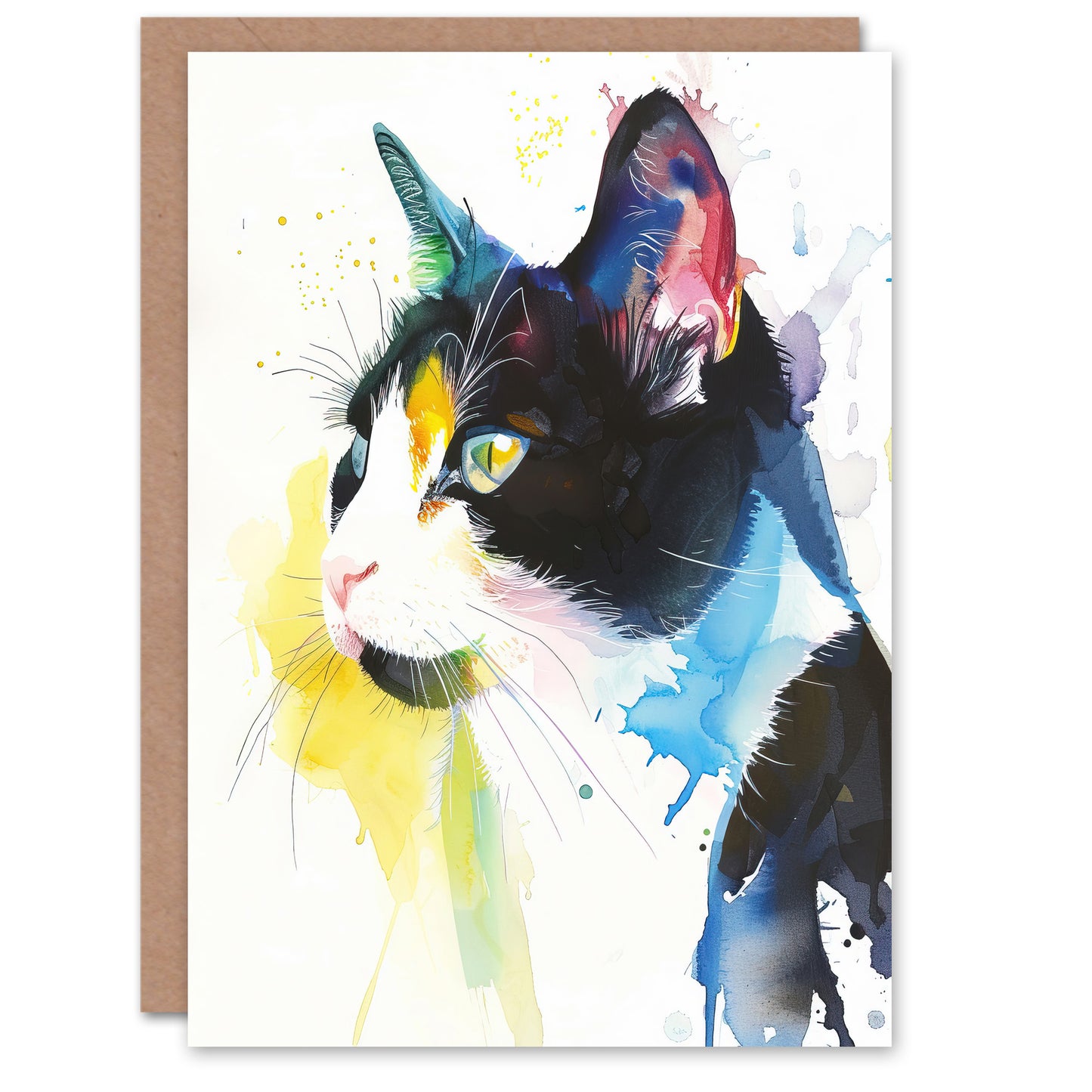 Tuxedo Black White Cat Lover Bright Watercolour Art Greeting Card