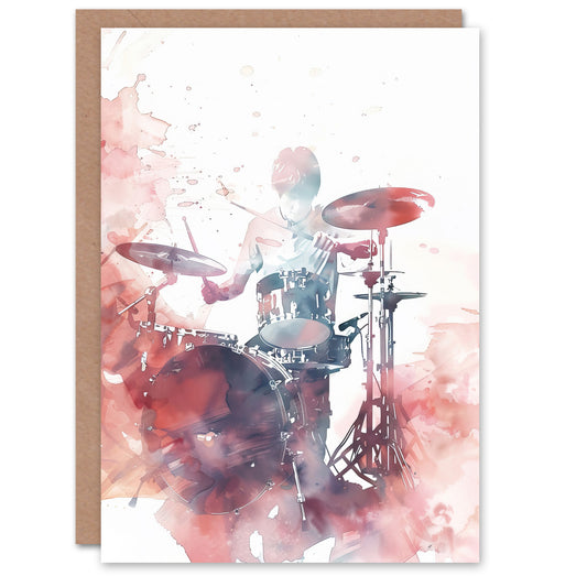 Drummer Playing Drums Set Modern Watercolour Red Art Greeting Card