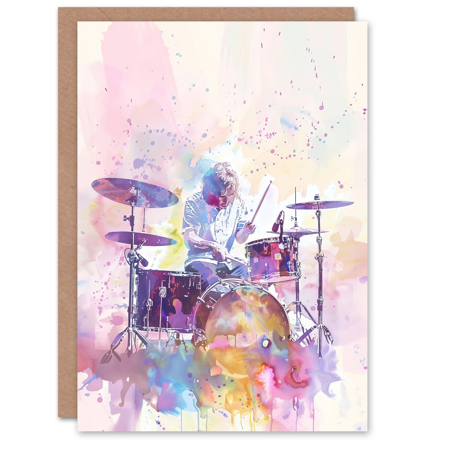 Rainbow Modern Watercolour Portrait Drummer Drums Art Greeting Card