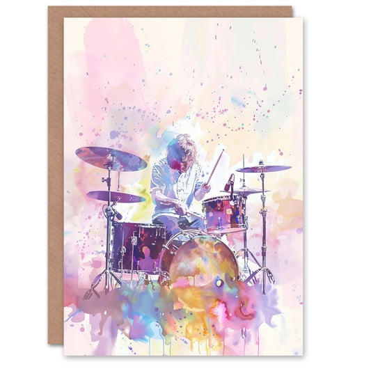 Rainbow Modern Watercolour Portrait Drummer Drums Art Greeting Card