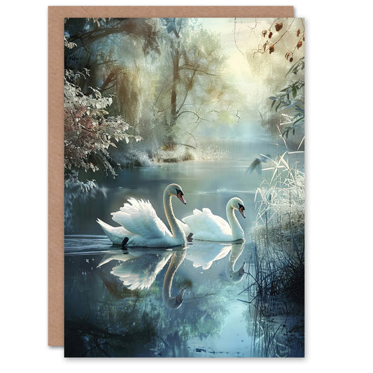 Graceful Swans Tranquil Winter Lake Painting Art Greeting Card