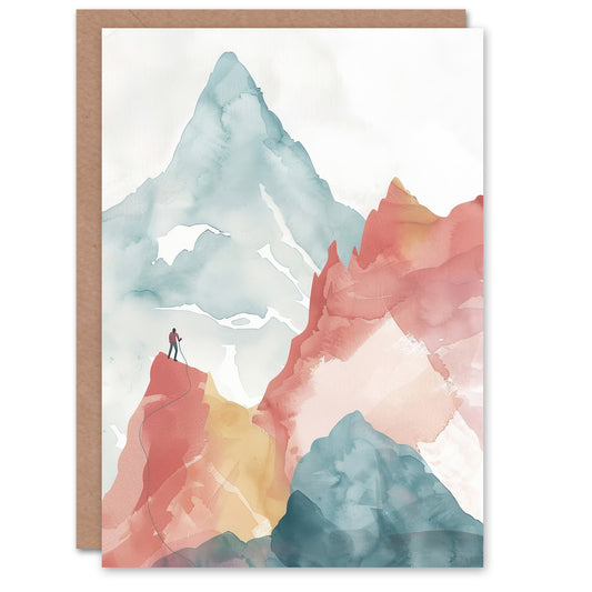 Mountain Climber Hiking Landscape Watercolour Art Greeting Card