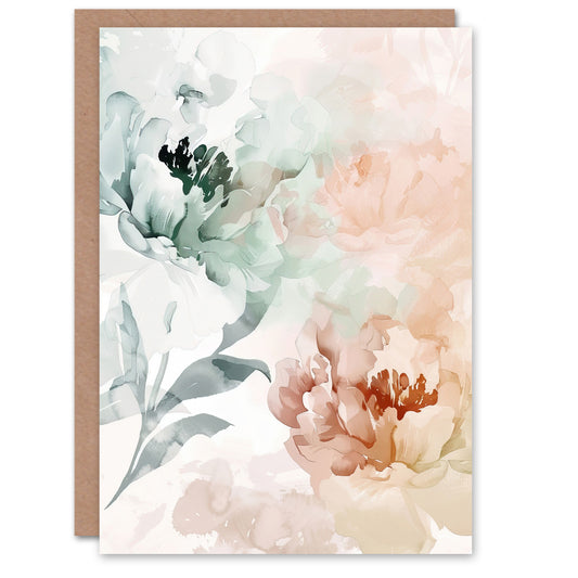 Peony Flowers Teal Blue Pink Light Watercolour Art Greeting Card