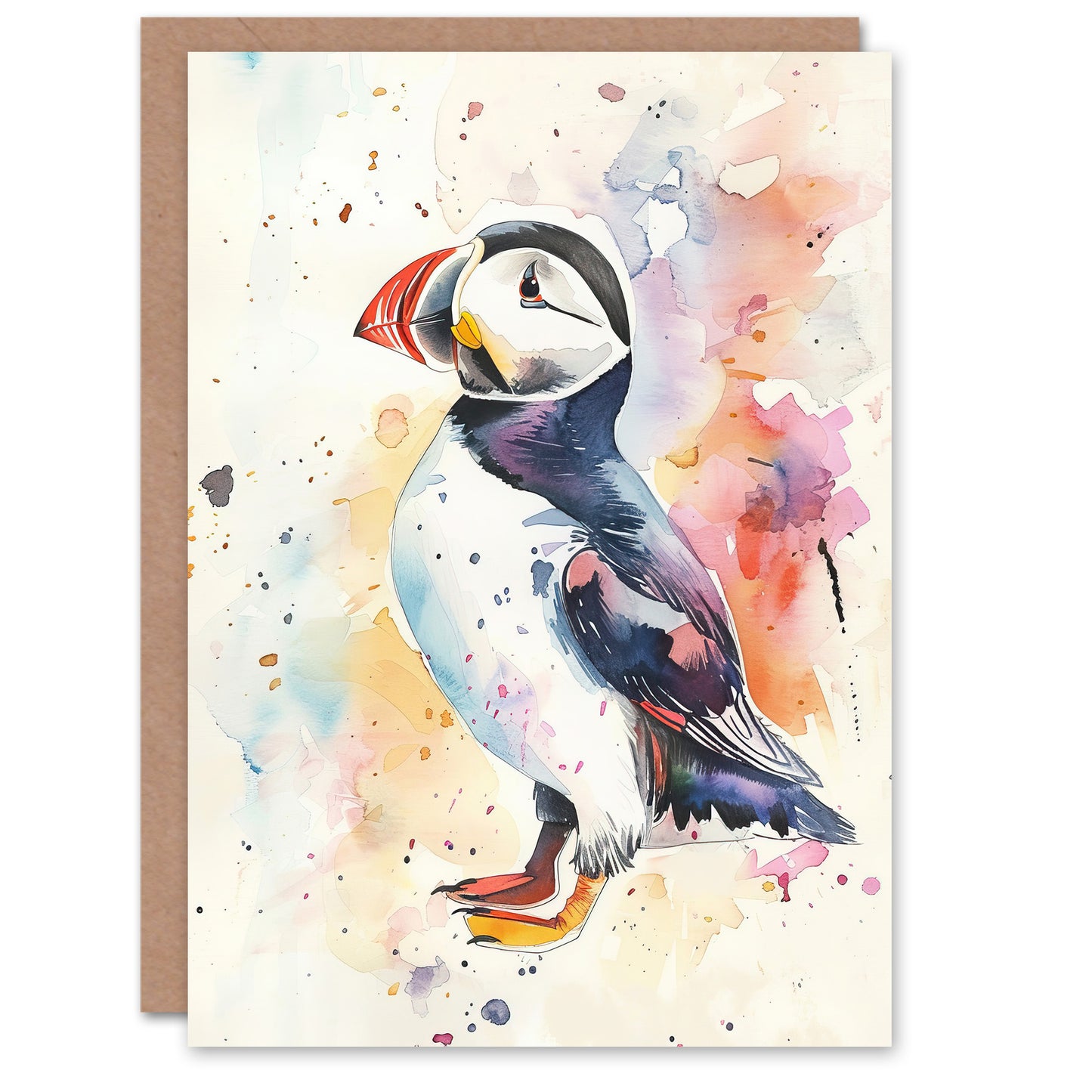 Cute Puffin Bird Colourful Watercolour Portrait Art Greeting Card