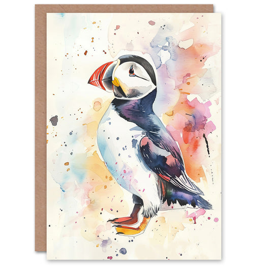 Cute Puffin Bird Colourful Watercolour Portrait Art Greeting Card