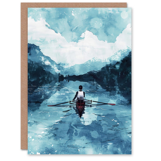 Rowing Boat Blue Watercolour Coastal Landscape Art Greeting Card
