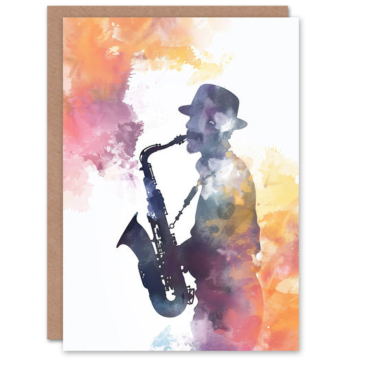 Saxophone Jazz Musician Orange Purple Watercolour Art Greeting Card