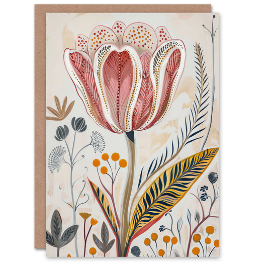 Tulip Flower Orange Grey Pink Folk Art Floral Greeting Card