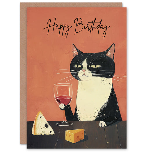 Birthday Card Sophisticated Tuxedo Wino Cat Cheese Lover