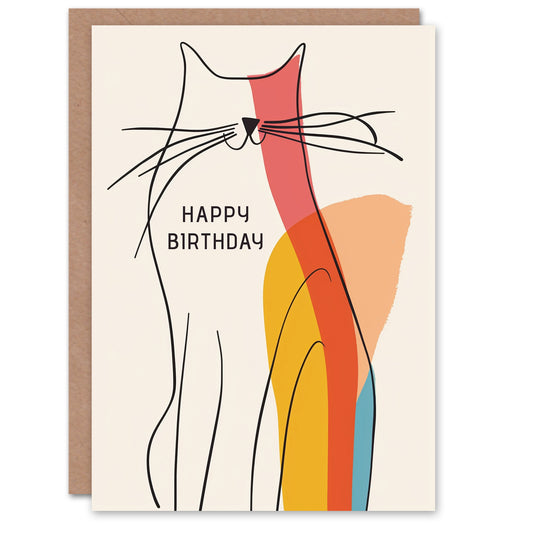 Modern Line Cat Silhouette Colourful Birthday Card