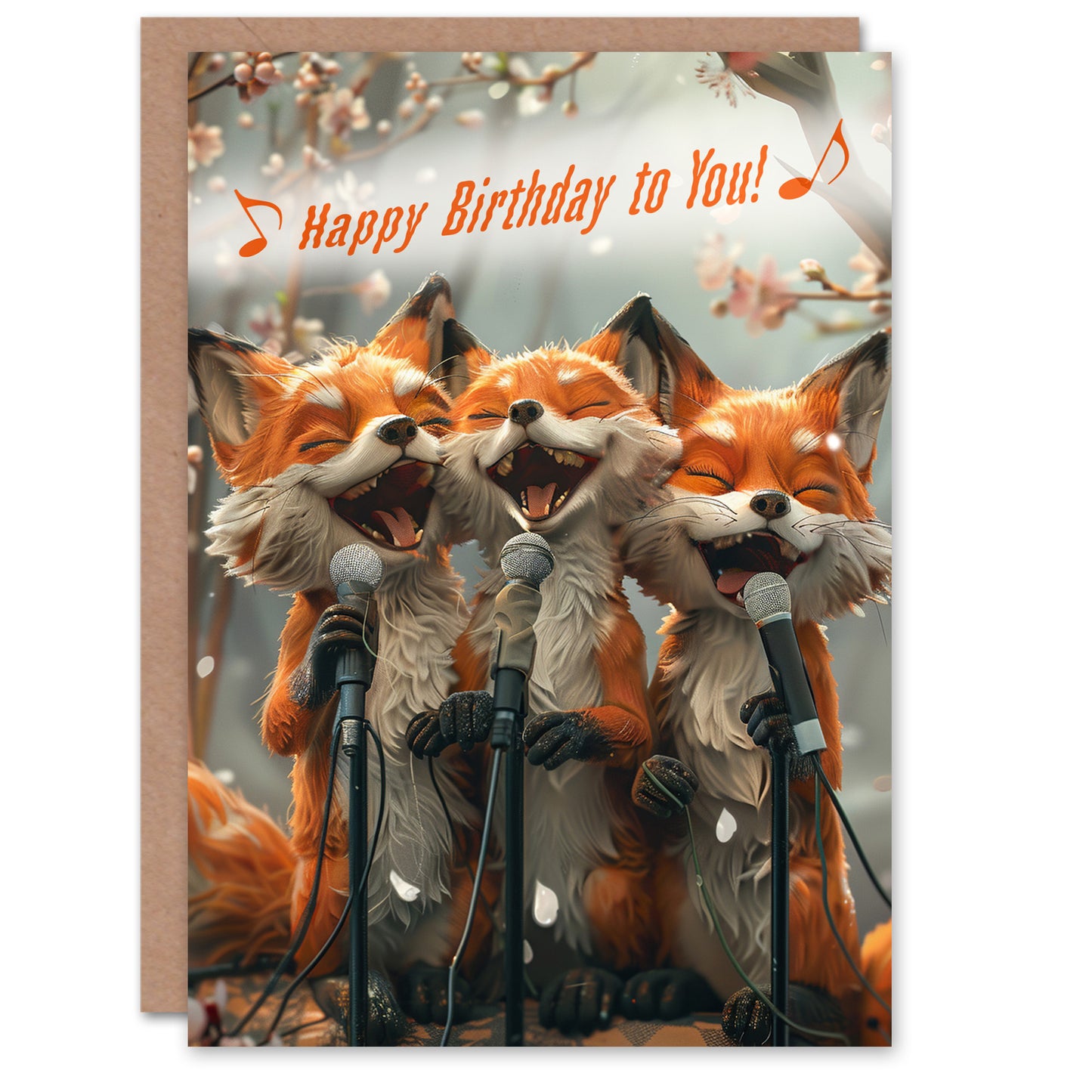 Birthday Card Three Cute Foxes Singing Fun Woodland Animal Karaoke