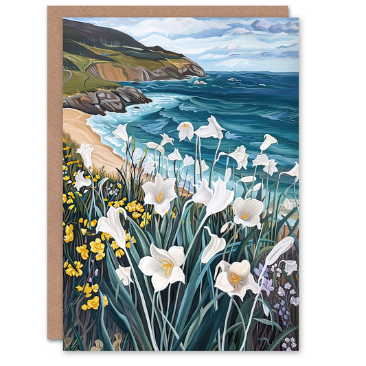 Aberdaron Coastal Wales Daffodils Hills Painting Greeting Card