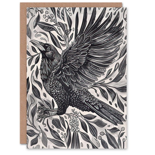 Wild Black Raven In Flight Painting Magic Gothic Greeting Card