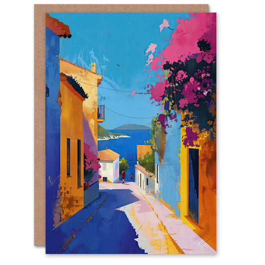 Santorini Seaside Coastal Town Painting Colourful Greeting Card