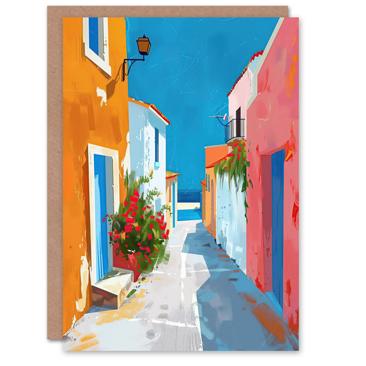 Greek Coastal Village Street Painting Calm Sunny Art Greeting Card
