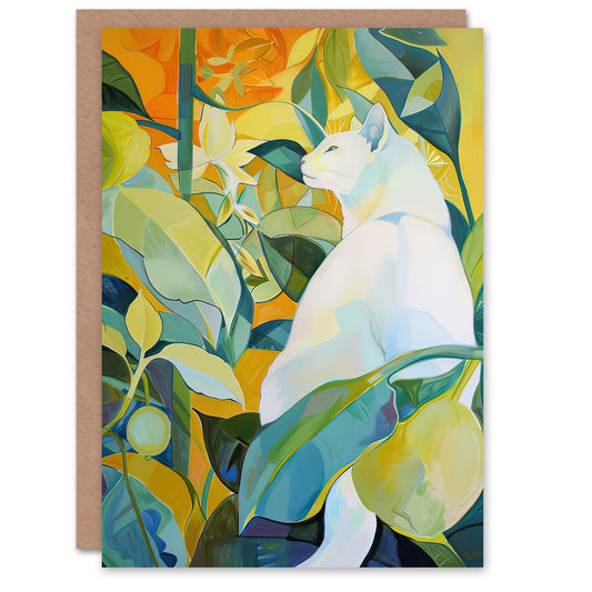 Zen Pet White Cat Lover Garden Leaves Painting Greeting Card
