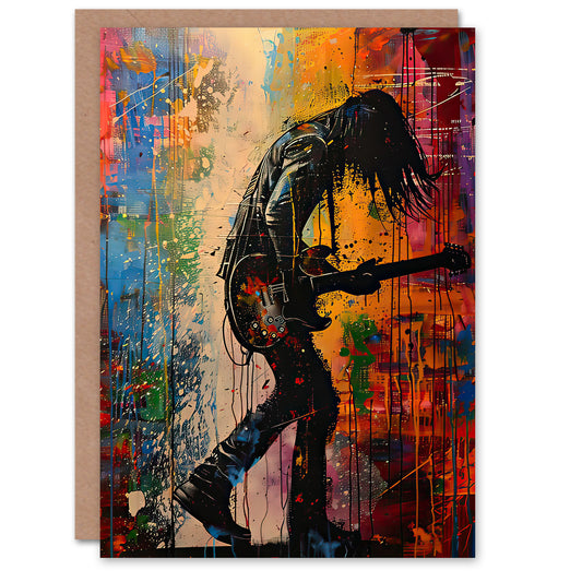 Grunge Rock Music Guitarist Colourful Portrait Greeting Card