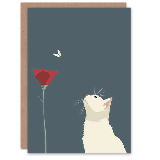Tulip Flower And Butterfly White Cat Lover Design Greeting Card