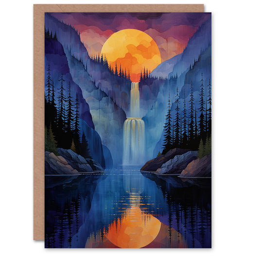 Cascading Waterfall New Zealand Forest Sunset Art All Occasion Greeting Card