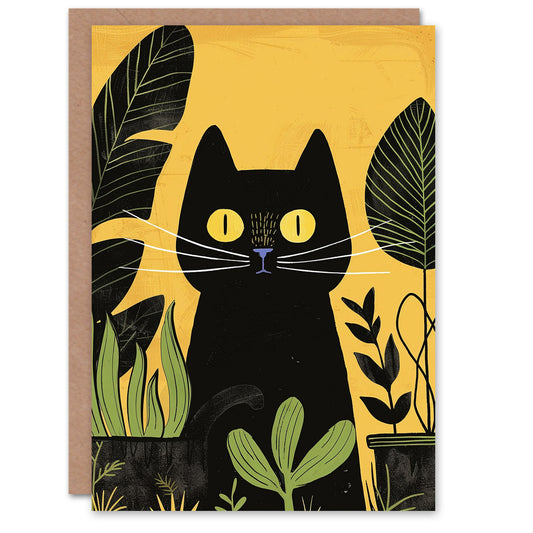 Black Cat Pet Plant Lover Garden Yellow Botanical Art All Occasion Greeting Card