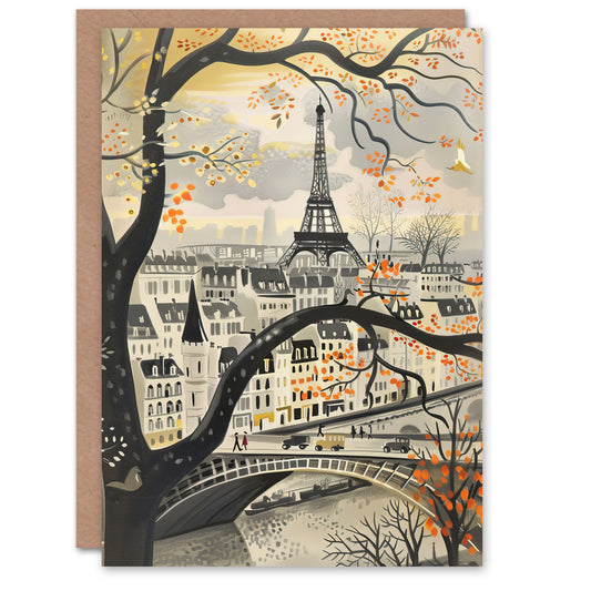 Vintage Autumn In Paris Cityscape Eiffel Tower Greeting Card