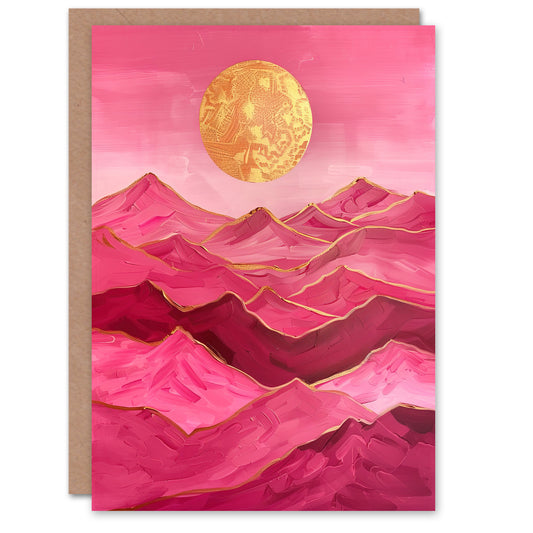 Hot Pink Gold Sun Mountains Sunset Birthday Card