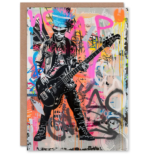 Punk Music Bass Guitarist Colourful Street Art Greeting Card
