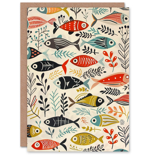 Scandi Fish Sea Kelp Design Colourful Rustic Greeting Card