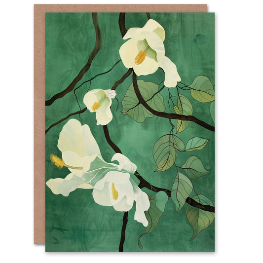Japanese White Cherry Tree Flower Green Design Greeting Card