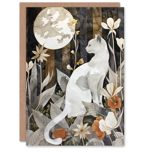 Cat Lover Floral Forest Full Moon Watercolour Greeting Card