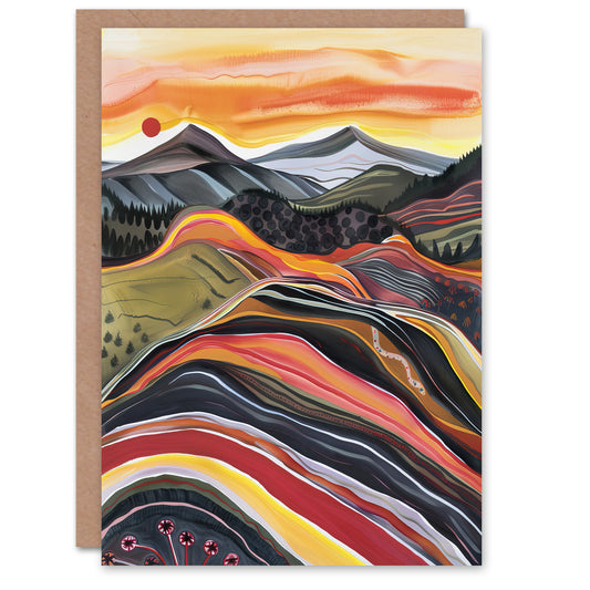 Cairngorms Mountains Scottish Sunset Folk Art Greeting Card