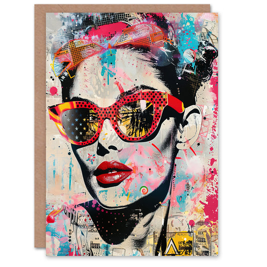 Vintage Lady Sunglasses Portrait Street Pop Art Greeting Card