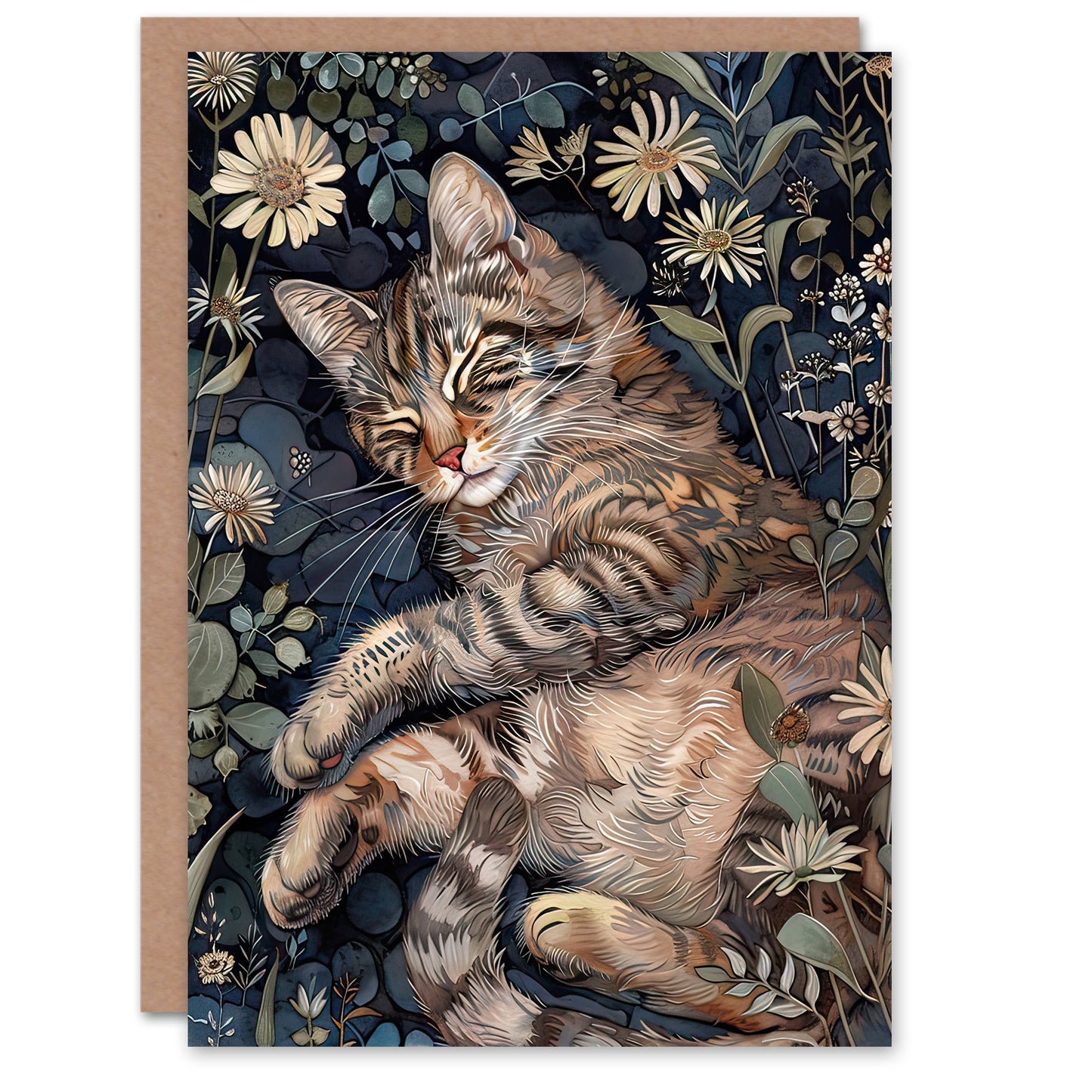 Cute Moggie Sleeping In Daisy Field Cat Lover Greeting Card