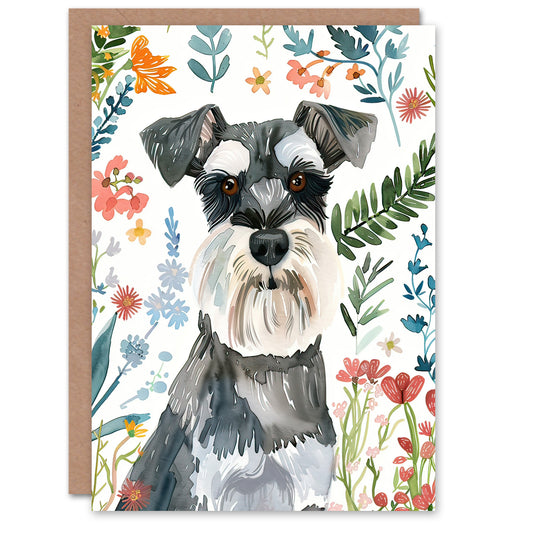 Dog Lover Miniature Schnauzer Floral Portrait Greeting Card