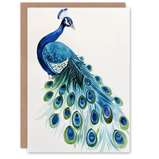 Blue Peafowl Peacock Tail Feathers Watercolour Greeting Card
