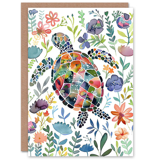 Abstract Sea Turtle Colourful Floral Watercolour Greeting Card